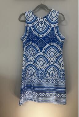Just...Taylor blue and white geometric pattern, size 12 polyester,spandex
